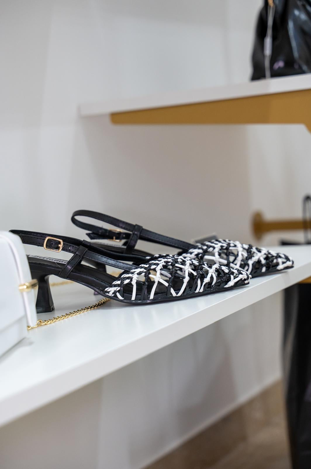SLINGBACK A RETE  - BLACK  IVORY INTRECCIO