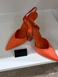 Elegant orange satin slingback high heels with pointed toes and block heels, size 39.