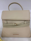 Cream leather backpack with flap closure, adjustable straps, and gold-tone buckle detail.