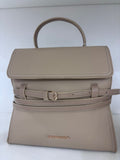 Khaki sporty chic handbag with top handle and adjustable front buckle strap.